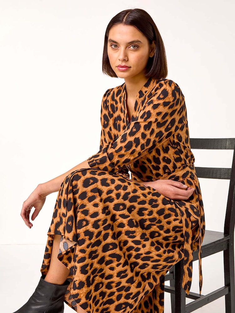 Roman Brown Animal Print Midi Shirt Dress - Image 1 of 5