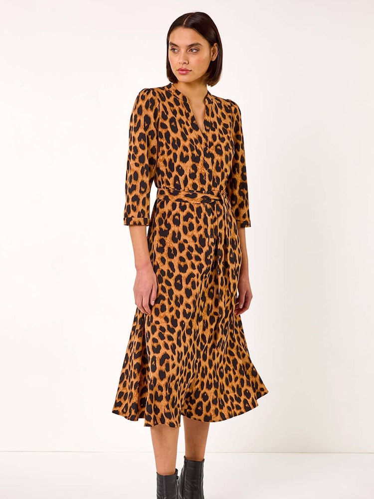 Roman Brown Animal Print Midi Shirt Dress - Image 2 of 5