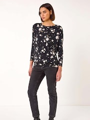 Top elástico con hombros caídos y estampado floral de Roman - Imagen 2 de 5
