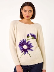 Roman White Floral Placement Knit Jumper - Image 1 of 5