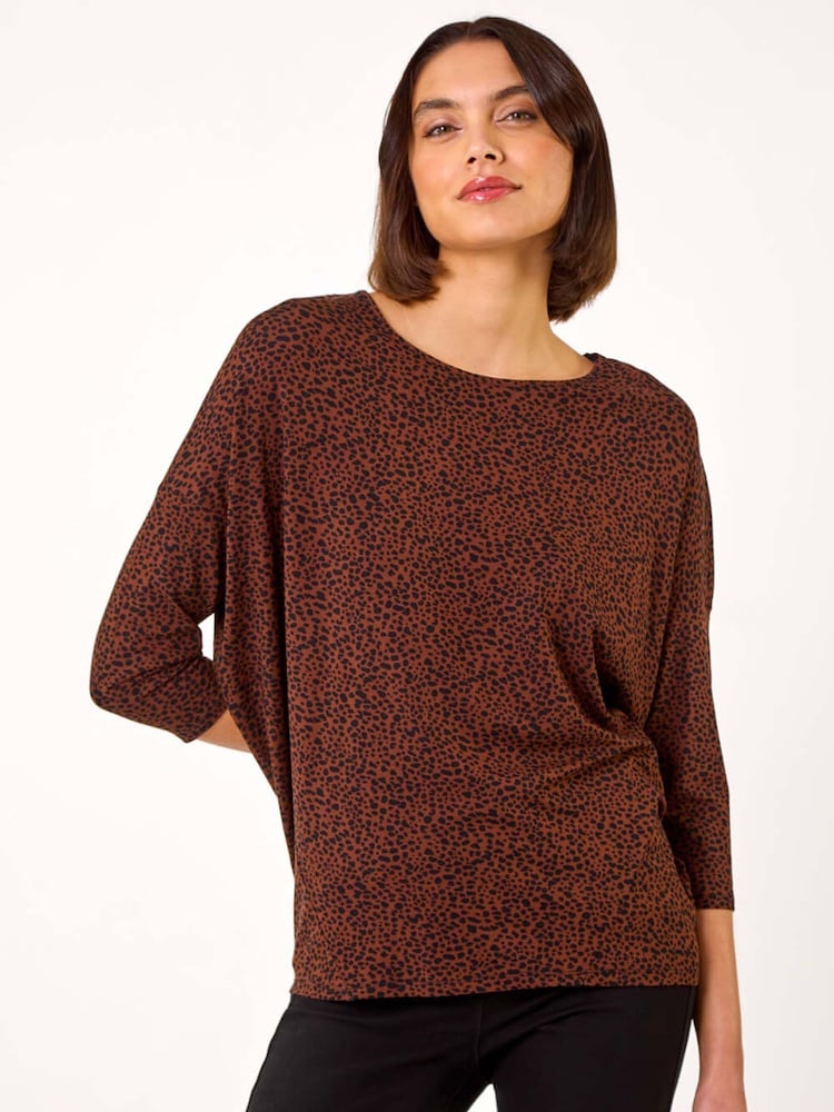 Roman Brown Animal Print Drop Shoulder Top - Image 1 of 5