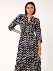 Roman Black Leaf Print Midi Shirt Dress - Image 1 of 5