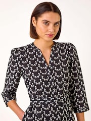 Roman Black Leaf Print Midi Shirt Dress - Image 4 of 5