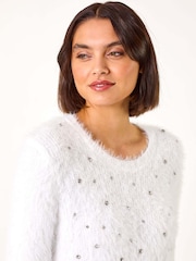 Roman White Embellished Fluffy Knit Jumper - Image 1 of 5