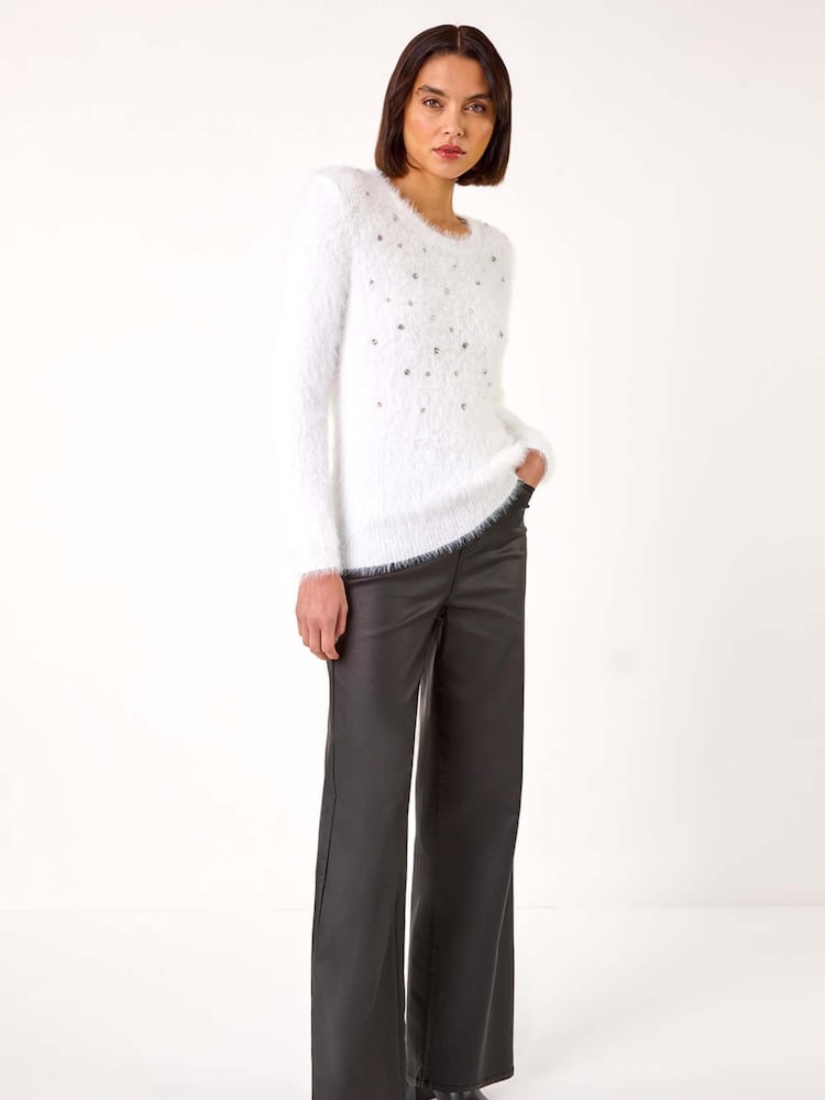 Roman White Embellished Fluffy Knit Jumper - Image 2 of 5