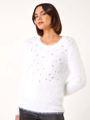 Roman White Embellished Fluffy Knit Jumper - Image 4 of 5