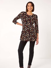 Roman Black Floral Print Pocket Detail Tunic - Image 2 of 5