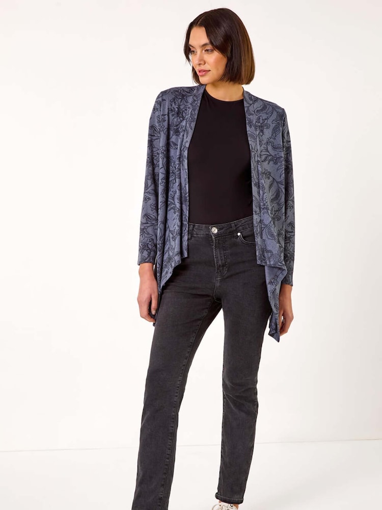 Roman Grey Linear Floral Print Gathered Cardigan - Image 2 of 5