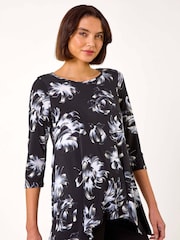 Roman Black Floral Print Textured Top - Image 1 of 5