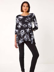 Roman Black Floral Print Textured Top - Image 2 of 5
