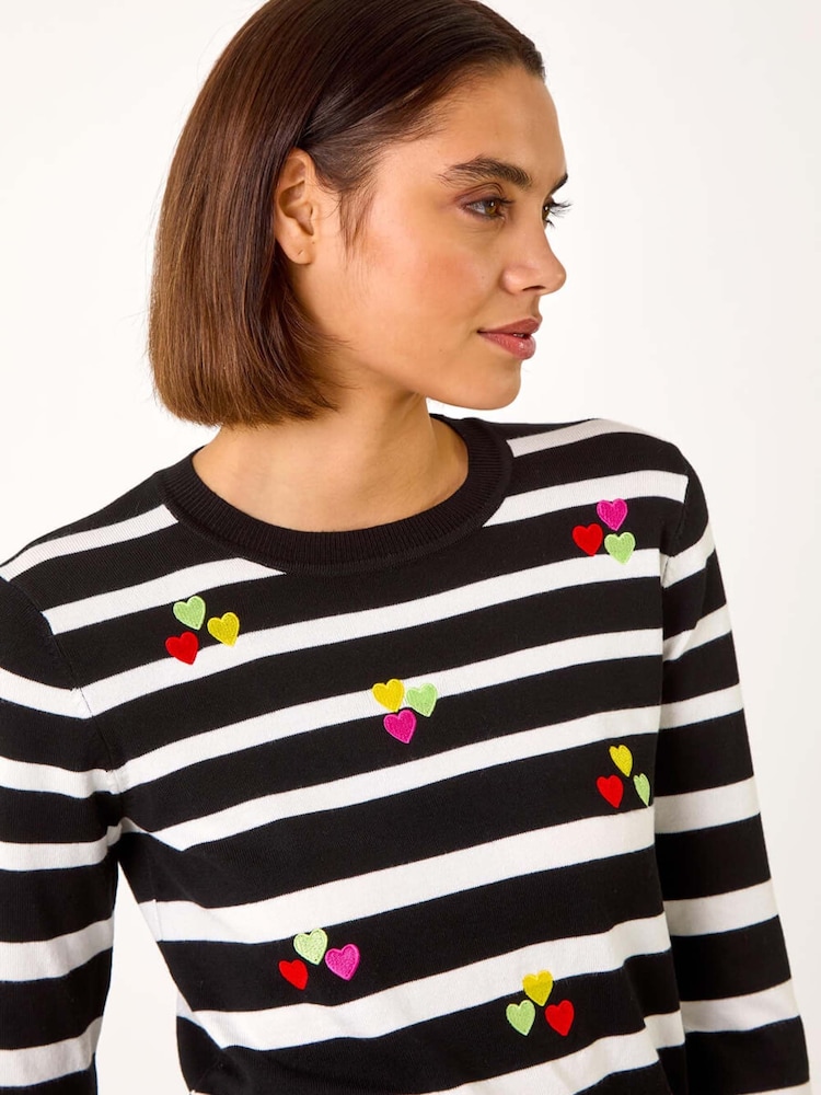 Roman Black Stripe Heart Crew Neck Knit Jumper - Image 2 of 5