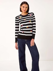 Roman Black Stripe Heart Crew Neck Knit Jumper - Image 4 of 5