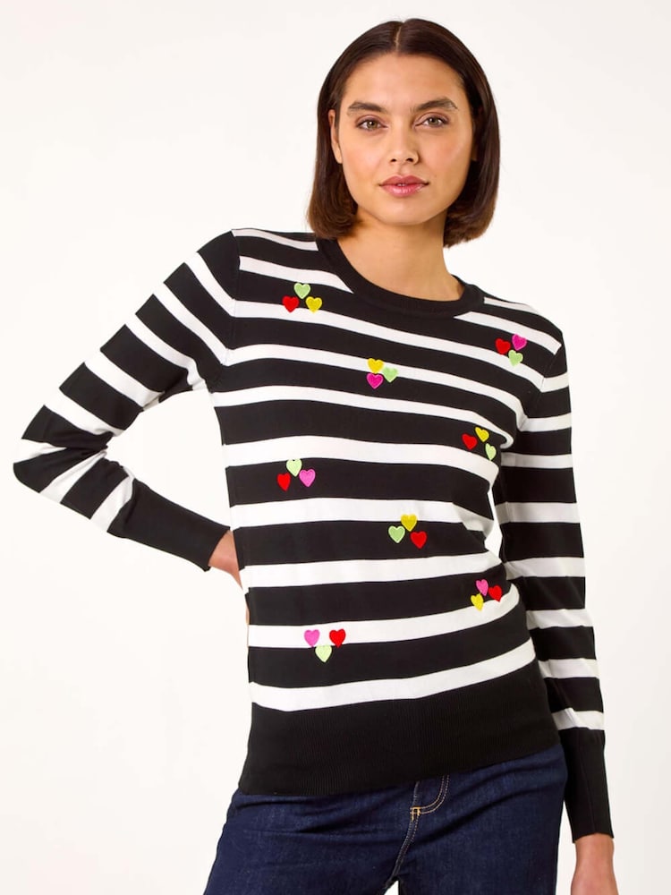 Roman Black Stripe Heart Crew Neck Knit Jumper - Image 5 of 5