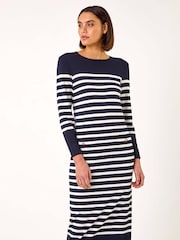 Azul - Vestido midi de malha com estampa de listras romanas - Imagem 1 de 5