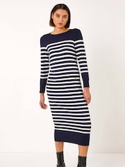 Azul - Vestido midi de malha com estampa de listras romanas - Imagem 3 de 5