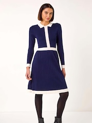 Roman Blue Contrast Collar Knitted Dress - Image 1 of 5
