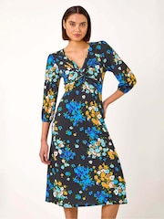 Roman Blue Twist Detail Floral Print Midi Dress - Image 1 of 5