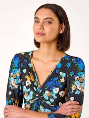 Roman Blue Twist Detail Floral Print Midi Dress - Image 4 of 5