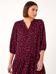 Roman Red Floral Print Abstract Frill Shirt Dress - Image 1 of 5