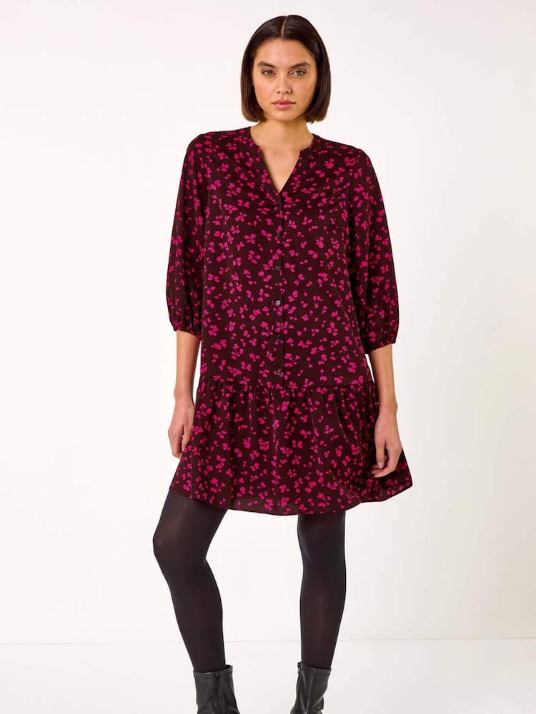 Roman Red Floral Print Abstract Frill Shirt Dress - Image 2 of 5
