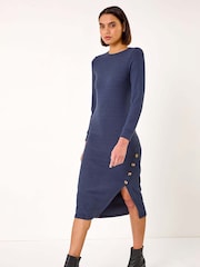 Roman Blue Ribbed Button Detail Midi Dress - Image 1 of 5