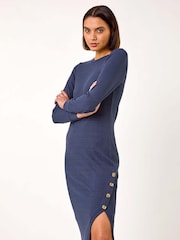 Roman Blue Ribbed Button Detail Midi Dress - Image 2 of 5