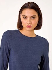 Roman Blue Ribbed Button Detail Midi Dress - Image 4 of 5