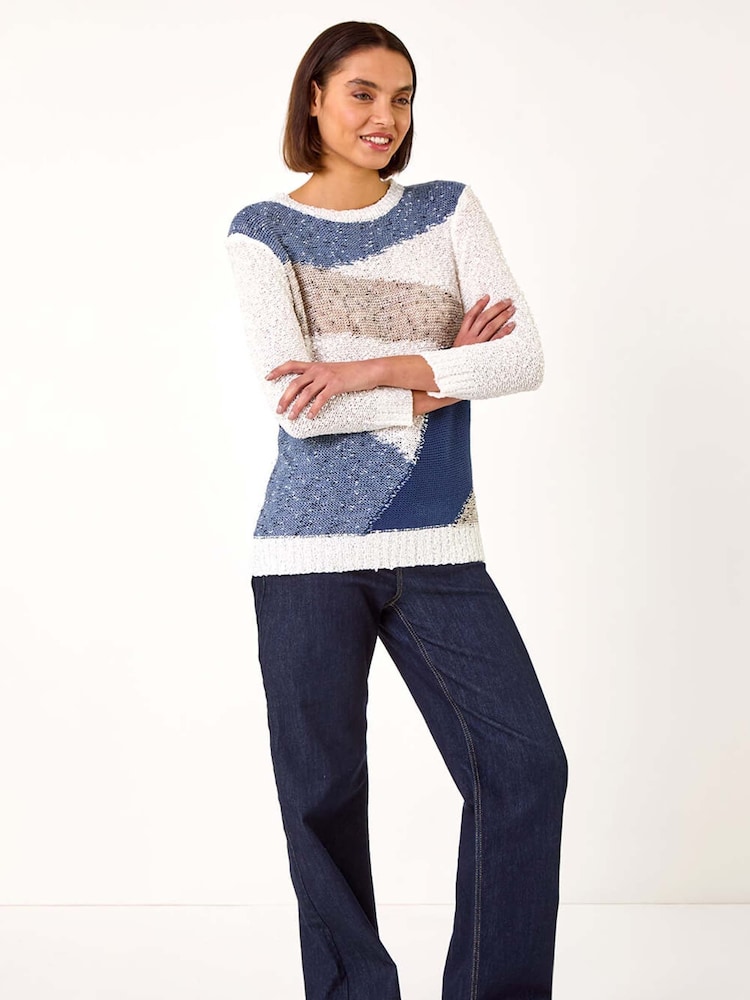 Roman Blue Textured Colourblock Jumper - Image 1 of 5