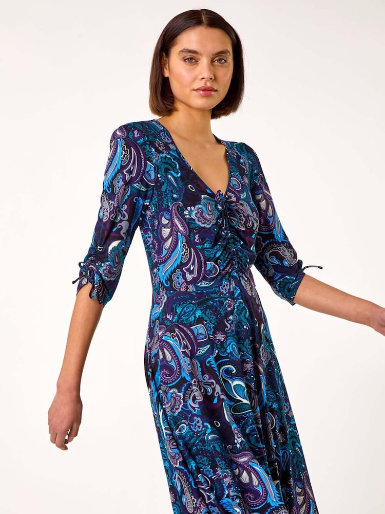 Roman Blue Paisley Gathered Stretch Dress - Image 1 of 5