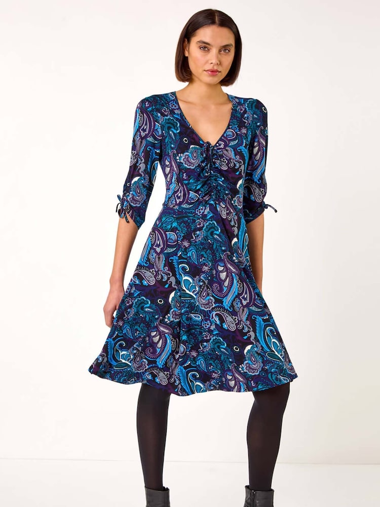Roman Blue Paisley Gathered Stretch Dress - Image 2 of 5