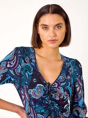 Roman Blue Paisley Gathered Stretch Dress - Image 4 of 5