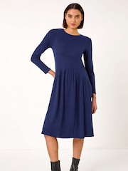 Roman Blue Ribbed Drop Waist Stretch Midi Dress - Image 1 of 5