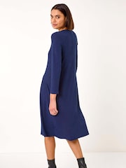 Roman Blue Ribbed Drop Waist Stretch Midi Dress - Image 3 of 5