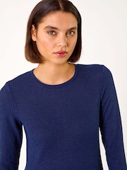 Roman Blue Ribbed Drop Waist Stretch Midi Dress - Image 4 of 5