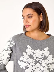 Roman Grey Floral Appliqué Detail Stretch 100% Cotton Top - Image 1 of 5