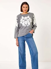 Roman Grey Floral Appliqué Detail Stretch 100% Cotton Top - Image 2 of 5