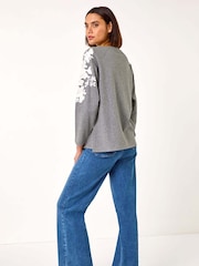 Roman Grey Floral Appliqué Detail Stretch 100% Cotton Top - Image 3 of 5