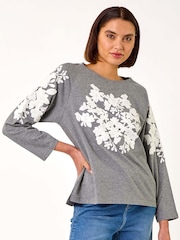Roman Grey Floral Appliqué Detail Stretch 100% Cotton Top - Image 4 of 5