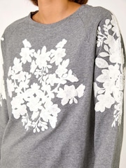 Roman Grey Floral Appliqué Detail Stretch 100% Cotton Top - Image 5 of 5