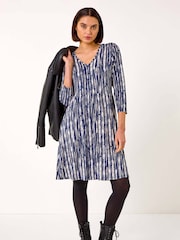 Roman Blue Tie Dye Button Detail V-Neck Dress - Image 1 of 5