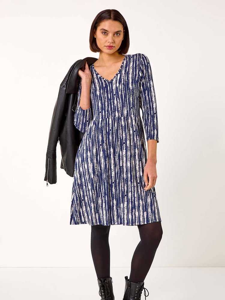 Roman Blue Tie Dye Button Detail V-Neck Dress - Image 1 of 5