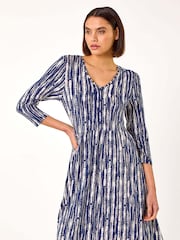 Roman Blue Tie Dye Button Detail V-Neck Dress - Image 2 of 5
