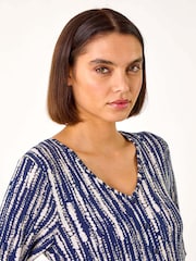 Roman Blue Tie Dye Button Detail V-Neck Dress - Image 4 of 5