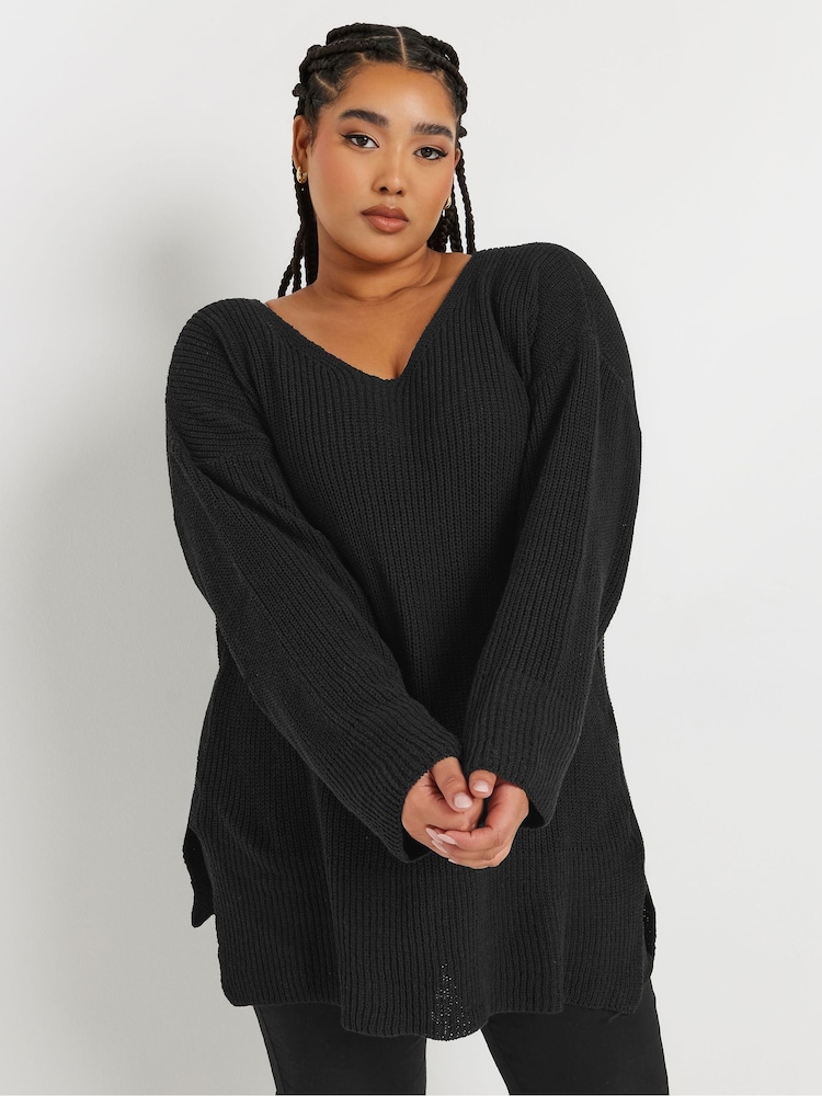 Yours Curve Black Oversized V-Neck Jumper - Image 1 of 5 Yours Curve Black Oversized V-Neck Jumper - Image 1 of 5