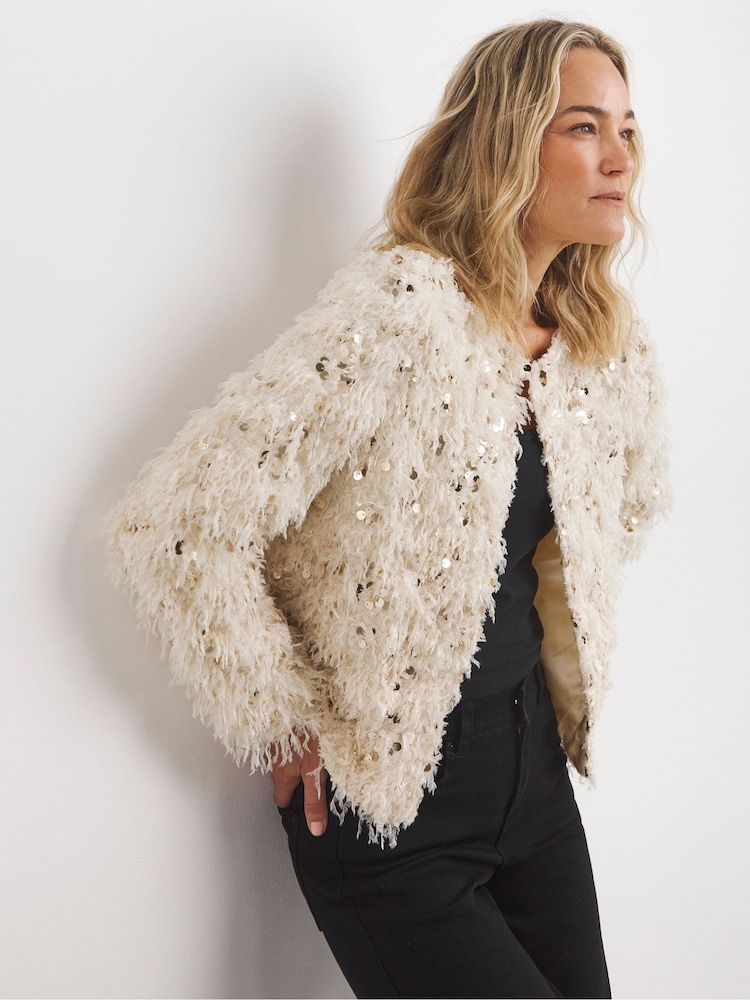Joanna Hope Faux Feather Sequin White Jacket - Image 1 of 4