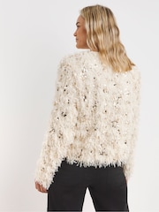 Joanna Hope Faux Feather Sequin White Jacket - Image 2 of 4