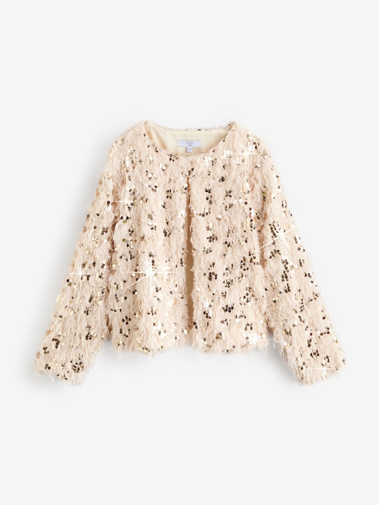 Joanna Hope Faux Feather Sequin White Jacket - Image 4 of 4
