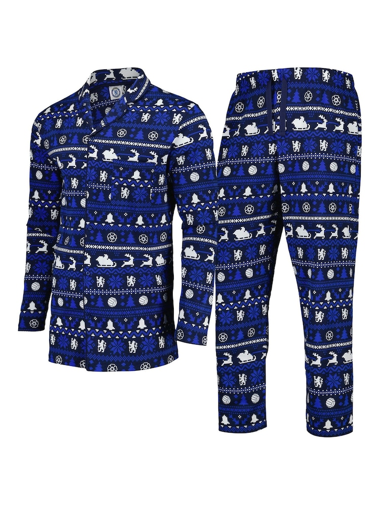 Fanatics Blue Chelsea Christmas Button Through Fairisle 100% Cotton Pyjamas - Image 1 of 3