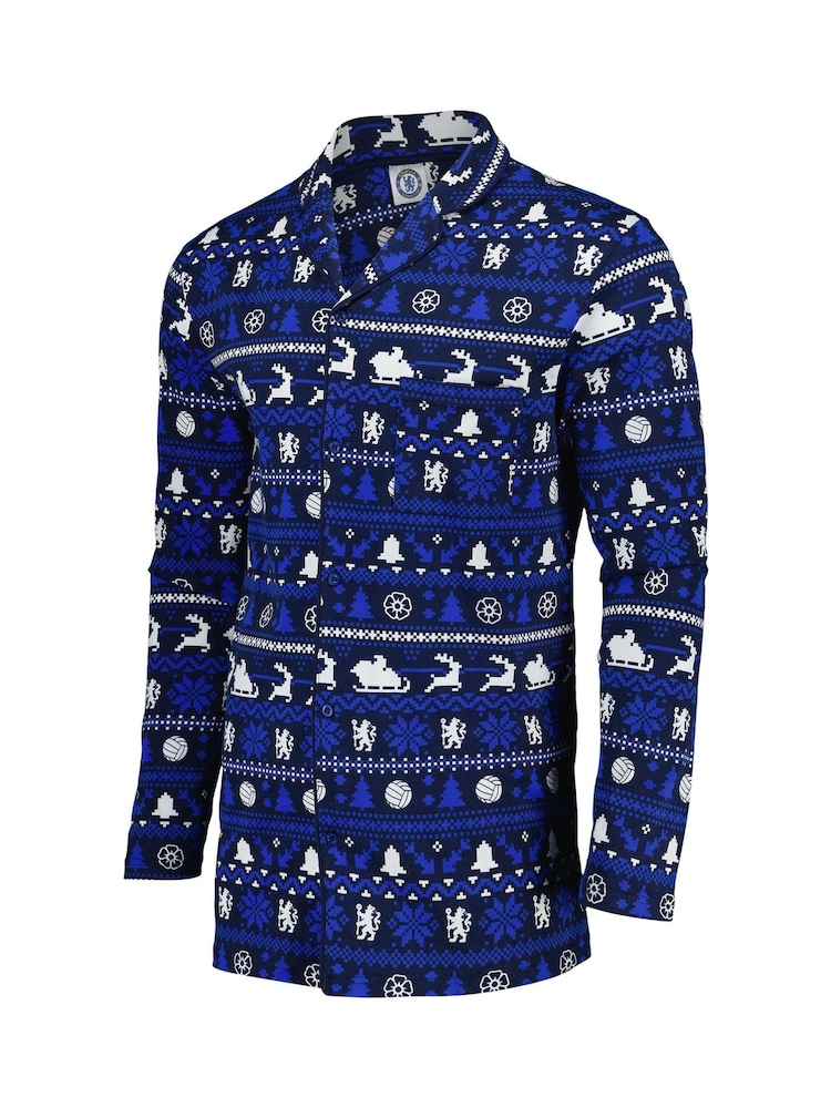 Fanatics Blue Chelsea Christmas Button Through Fairisle 100% Cotton Pyjamas - Image 3 of 3