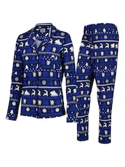 Fanatics Womens Blue Chelsea Christmas Button Through Fairisle 100% Cotton Pyjamas - Image 1 of 3